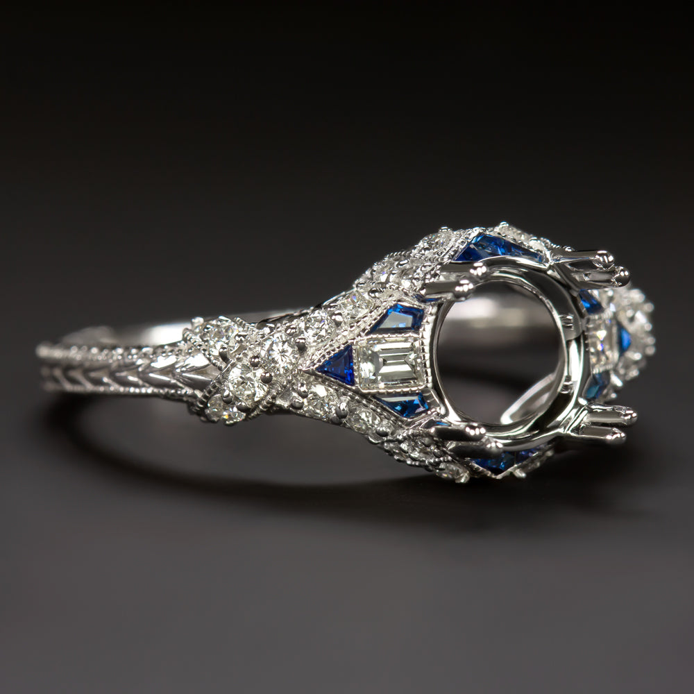 SAPPHIRE DIAMOND 6.5mm 7mm ROUND ENGAGEMENT RING SETTING VINTAGE STYLE ART DECO